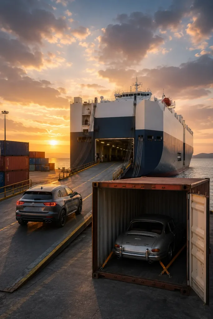 Vehicle loading onto a RoRo vessel with another car secured inside a shipping container, showing the choice between RoRo and container shipping.