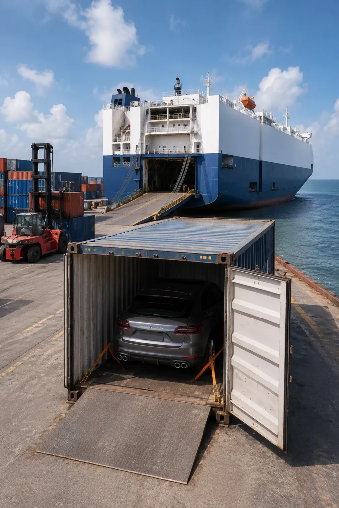 Car secured inside an open shipping container at a port, showing how container shipping protects vehicles during sea freight.