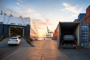 RoRo vessel sailing at sea, used for roll-on roll-off vehicle shipping between Australia and New Zealand.